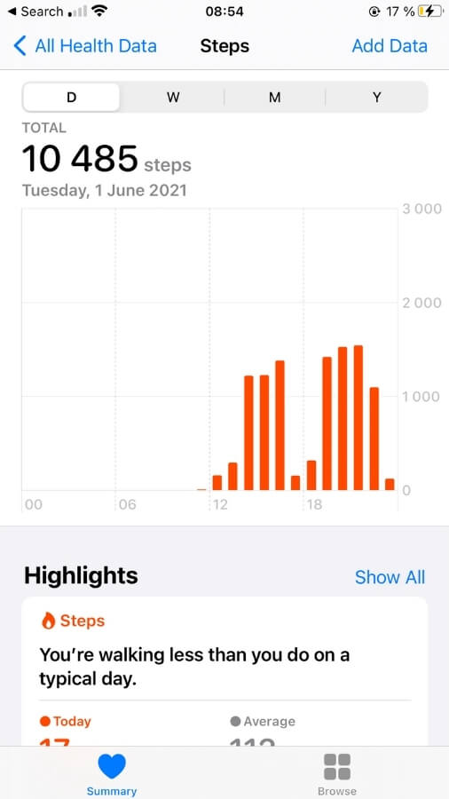10000 kroků naměřených v aplikaci Health v iPhone.