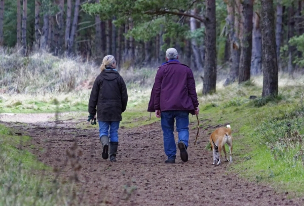 Starší pár na prechádzke v lese so psom.